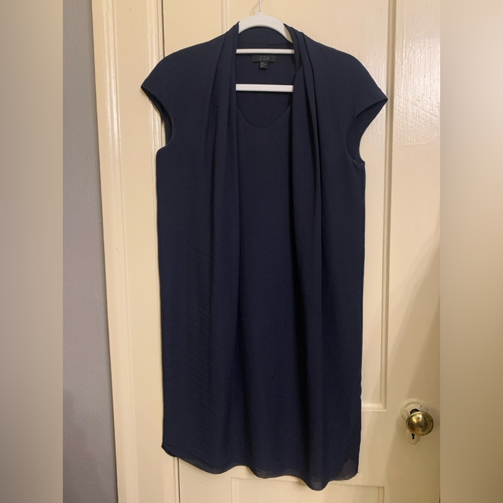 COS navy midi dress with beautiful draped collar